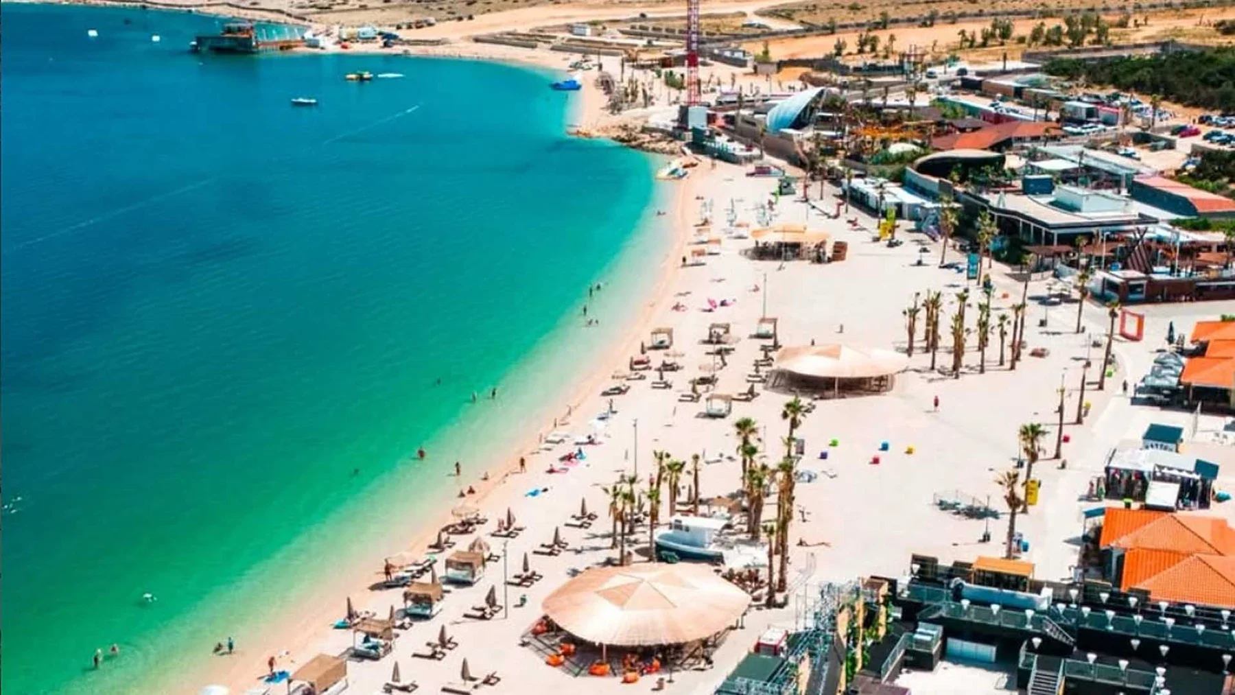 Aerial photograph of Zrće Beach and turquoise Adriatic Sea