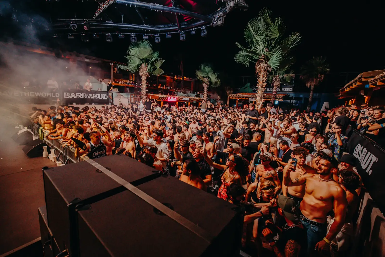 Wide panorama of Aquarius dancefloor and crowd by night