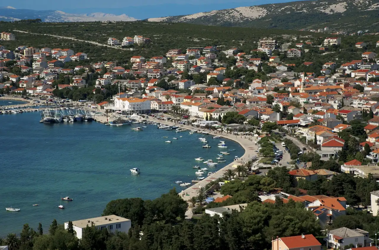 Novalja waterfront, harbour and terracotta-roofed town on Pag island